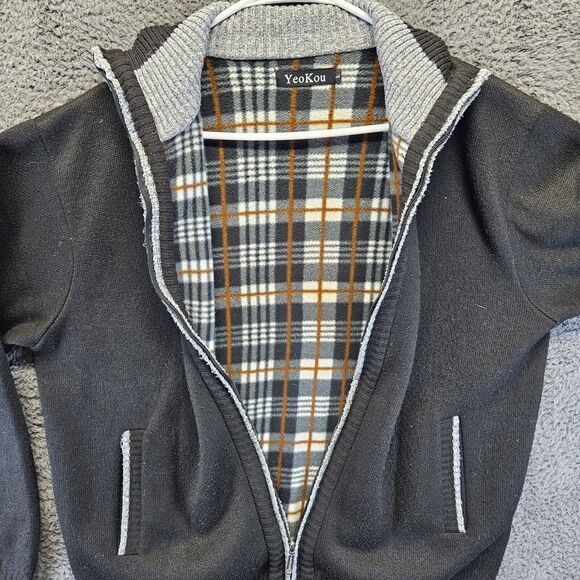 YeoKou Sweater Jacket Men Large Black Cashmere‎ Wool Knit Full Zip Fleece Lined - Picture 6 of 9